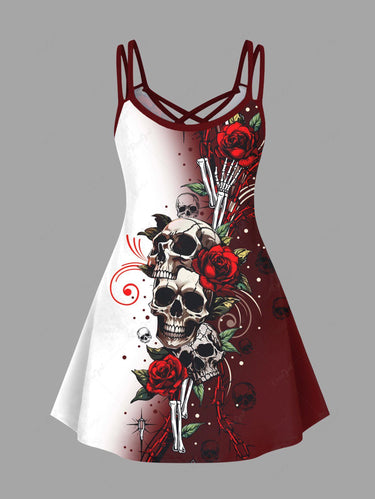 Gothic Plus Size Skull Rose Flower Curve Ombre Print Crisscross Strappy A Line Cami Dress
