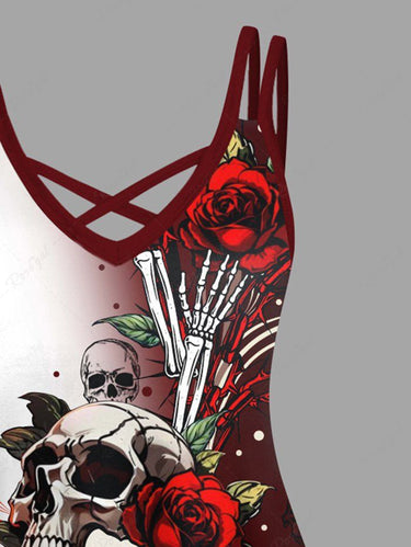 Gothic Plus Size Skull Rose Flower Curve Ombre Print Crisscross Strappy A Line Cami Dress