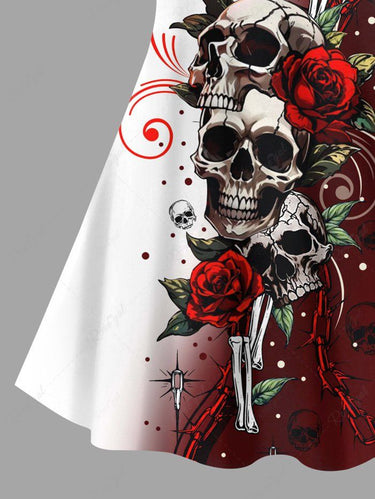 Gothic Plus Size Skull Rose Flower Curve Ombre Print Crisscross Strappy A Line Cami Dress