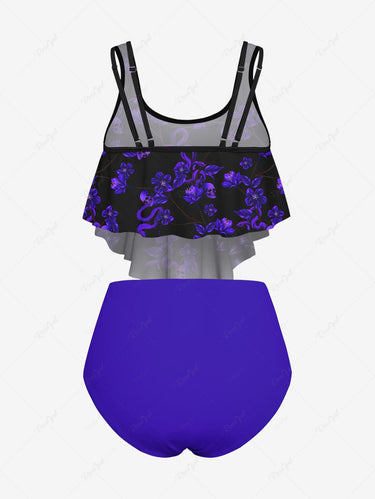 Gothic Floral Skull Snake Print Peplum Hem Tankini Swimsuit (Adjustable Shoulder Strap)