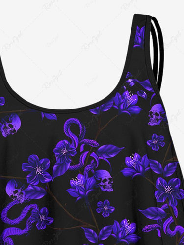 Gothic Floral Skull Snake Print Peplum Hem Tankini Swimsuit (Adjustable Shoulder Strap)