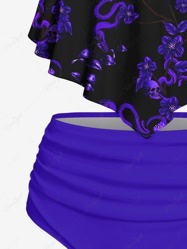 Gothic Floral Skull Snake Print Peplum Hem Tankini Swimsuit (Adjustable Shoulder Strap)