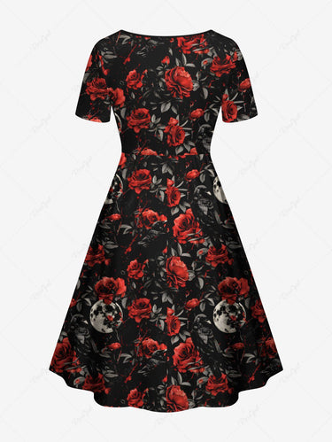 Gothic Plus Size Moon Floral Leaves Print Cinched A Line Dress