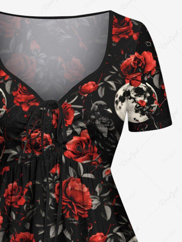 Gothic Plus Size Moon Floral Leaves Print Cinched A Line Dress