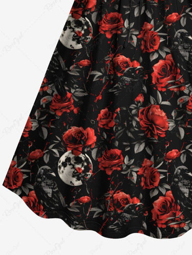 Gothic Plus Size Moon Floral Leaves Print Cinched A Line Dress