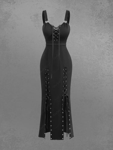 Grommets Lace Up Solid Color Fitted Tank Dress Black / XL Grommets Lace Up Solid Color Fitted Tank Dress Black / XL