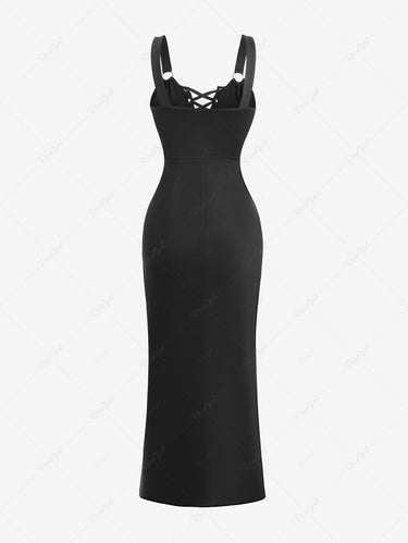 Grommets Lace Up Solid Color Fitted Tank Dress Black / XL Grommets Lace Up Solid Color Fitted Tank Dress Black / XL