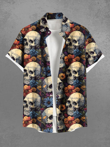 Gothic Plus Size Skull Floral Print Button Pocket Shirt For Men