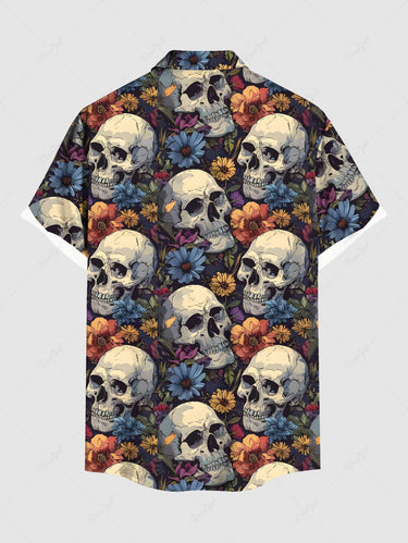Gothic Plus Size Skull Floral Print Button Pocket Shirt For Men