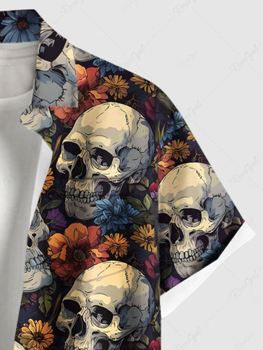 Gothic Plus Size Skull Floral Print Button Pocket Shirt For Men