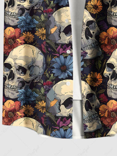 Gothic Plus Size Skull Floral Print Button Pocket Shirt For Men