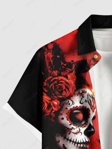 Gothic Plus Size Skull Rose Flower Fire Flame Print Button Pocket Shirt For Men