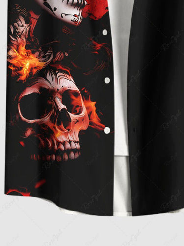 Gothic Plus Size Skull Rose Flower Fire Flame Print Button Pocket Shirt For Men
