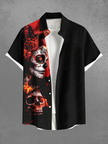 Gothic Plus Size Skull Rose Flower Fire Flame Print Button Pocket Shirt For Men