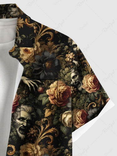 Gothic Plus Size Zombies Flowers Print Button Pocket Shirt For Men