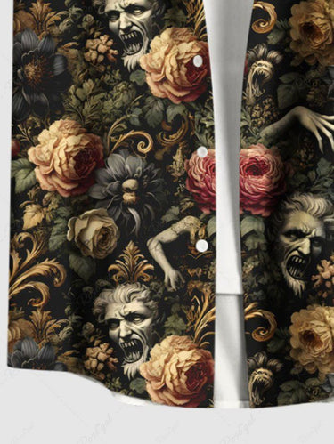 Gothic Plus Size Zombies Flowers Print Button Pocket Shirt For Men