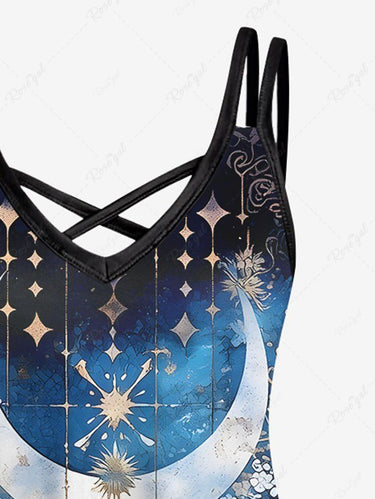 Gothic Plus Size Moon Star Castle Ombre Galaxy Print Crisscross Strappy A Line Cami Dress