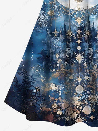 Gothic Plus Size Moon Star Castle Ombre Galaxy Print Crisscross Strappy A Line Cami Dress