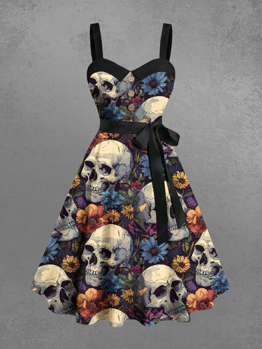 Gothic Plus Size Skull Floral Print Button A Line Tank Dress with Removable Belt