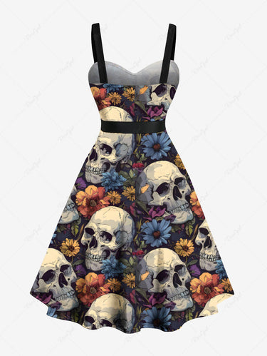 Gothic Plus Size Skull Floral Print Button A Line Tank Dress with Removable Belt