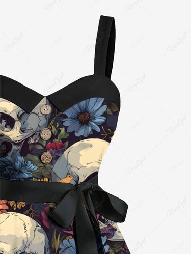 Gothic Plus Size Skull Floral Print Button A Line Tank Dress with Removable Belt