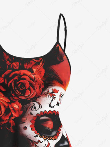 Gothic Plus Size Skull Rose Flower Fire Flame Print High Low Asymmetric Cami Dress