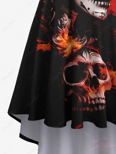 Gothic Plus Size Skull Rose Flower Fire Flame Print High Low Asymmetric Cami Dress