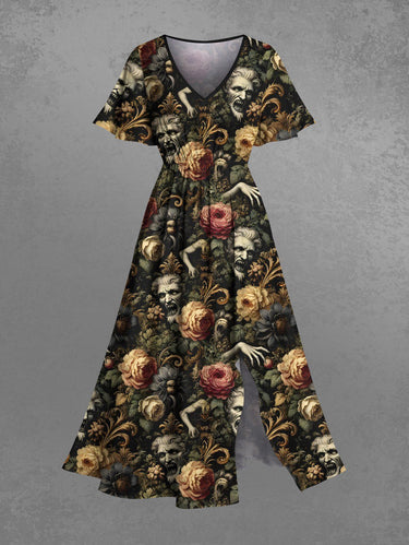 Gothic Plus Size Zombies Flowers Print Split Pocket A Line Midi Dress