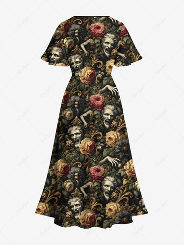 Gothic Plus Size Zombies Flowers Print Split Pocket A Line Midi Dress