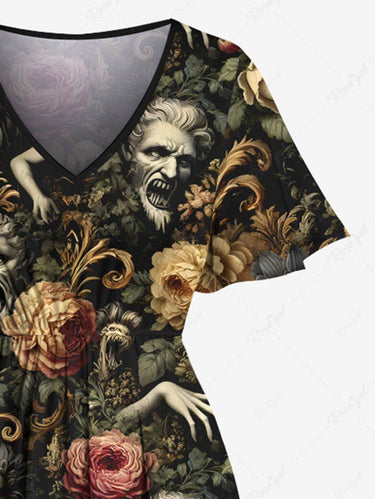 Gothic Plus Size Zombies Flowers Print Split Pocket A Line Midi Dress