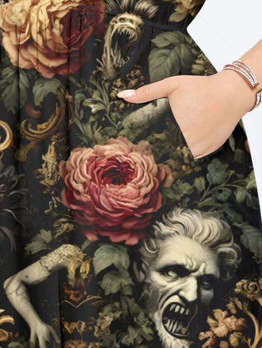 Gothic Plus Size Zombies Flowers Print Split Pocket A Line Midi Dress