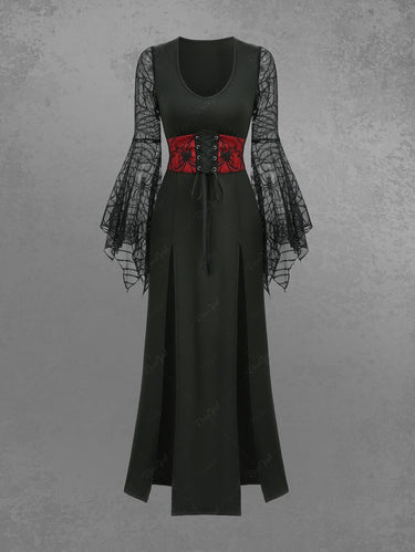 Gothic Spider Web Flare Sleeve Lace Up M-Slit Midi Dress