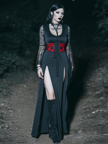 Gothic Spider Web Flare Sleeve Lace Up M-Slit Midi Dress Black / XL Gothic Spider Web Flare Sleeve Lace Up M-Slit Midi Dress Black / XL