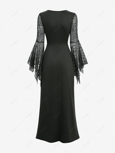 Gothic Spider Web Flare Sleeve Lace Up M-Slit Midi Dress Black / XL Gothic Spider Web Flare Sleeve Lace Up M-Slit Midi Dress Black / XL