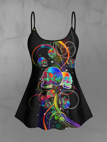 Gothic Colorful Ombre Skull Bubble Curve Print Tankini Top(Adjustable Shoulder Strap)