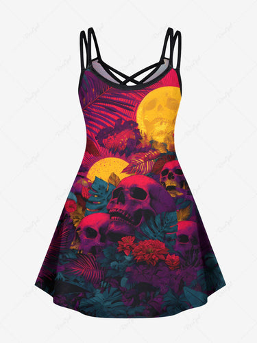 Gothic Plus Size Skull Moon Tropical Leaf Hibiscus Flower Printed Hawaii Ombre Crisscross A Line Cami Dress