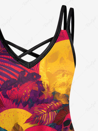 Gothic Plus Size Skull Moon Tropical Leaf Hibiscus Flower Printed Hawaii Ombre Crisscross A Line Cami Dress
