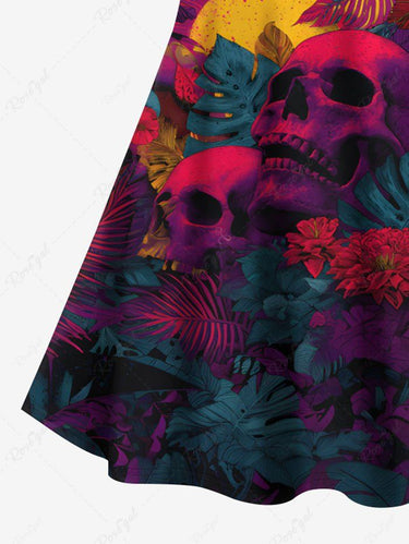 Gothic Plus Size Skull Moon Tropical Leaf Hibiscus Flower Printed Hawaii Ombre Crisscross A Line Cami Dress