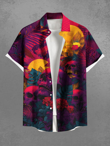 Gothic Plus Size Skull Moon Tropical Leaf Hibiscus Flower Print Hawaii Ombre Shirt For Men