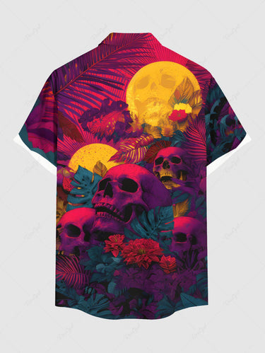 Gothic Plus Size Skull Moon Tropical Leaf Hibiscus Flower Print Hawaii Ombre Shirt For Men