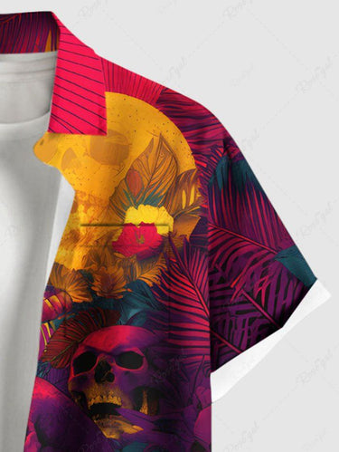 Gothic Plus Size Skull Moon Tropical Leaf Hibiscus Flower Print Hawaii Ombre Shirt For Men