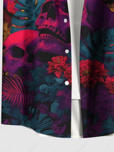 Gothic Plus Size Skull Moon Tropical Leaf Hibiscus Flower Print Hawaii Ombre Shirt For Men