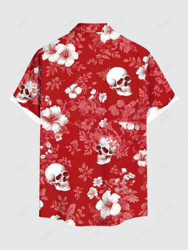 Gothic Plus Size Skull Ombre Hibiscus Flower Branch Print Hawaii Button Pocket Shirt For Men