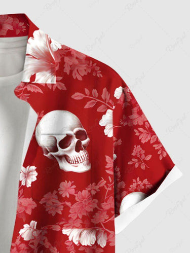 Gothic Plus Size Skull Ombre Hibiscus Flower Branch Print Hawaii Button Pocket Shirt For Men