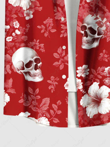 Gothic Plus Size Skull Ombre Hibiscus Flower Branch Print Hawaii Button Pocket Shirt For Men