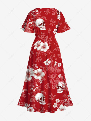 Gothic Plus Size Skull Ombre Hibiscus Flower Branch Print Hawaii Split Pocket A Line Midi Dress