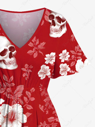 Gothic Plus Size Skull Ombre Hibiscus Flower Branch Print Hawaii Split Pocket A Line Midi Dress