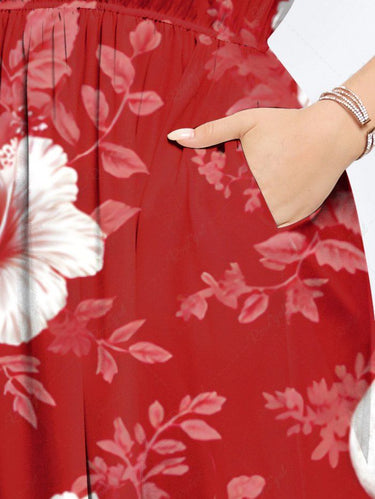 Gothic Plus Size Skull Ombre Hibiscus Flower Branch Print Hawaii Split Pocket A Line Midi Dress