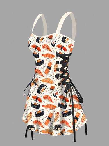 Gothic Sushi Salmon Print Lace Up A Line Tank Dress