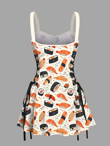 Gothic Sushi Salmon Print Lace Up A Line Tank Dress